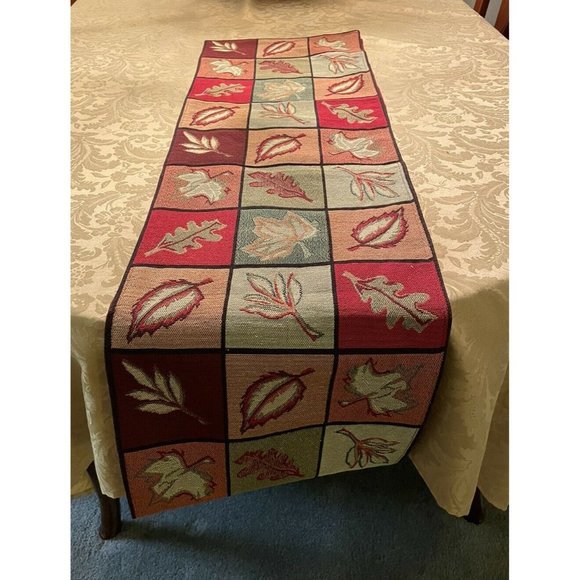 Fall Reversible Table Runner Brocade Leaf Red Pattern Multi Colored 13"W x 88"L - Picture 1 of 10